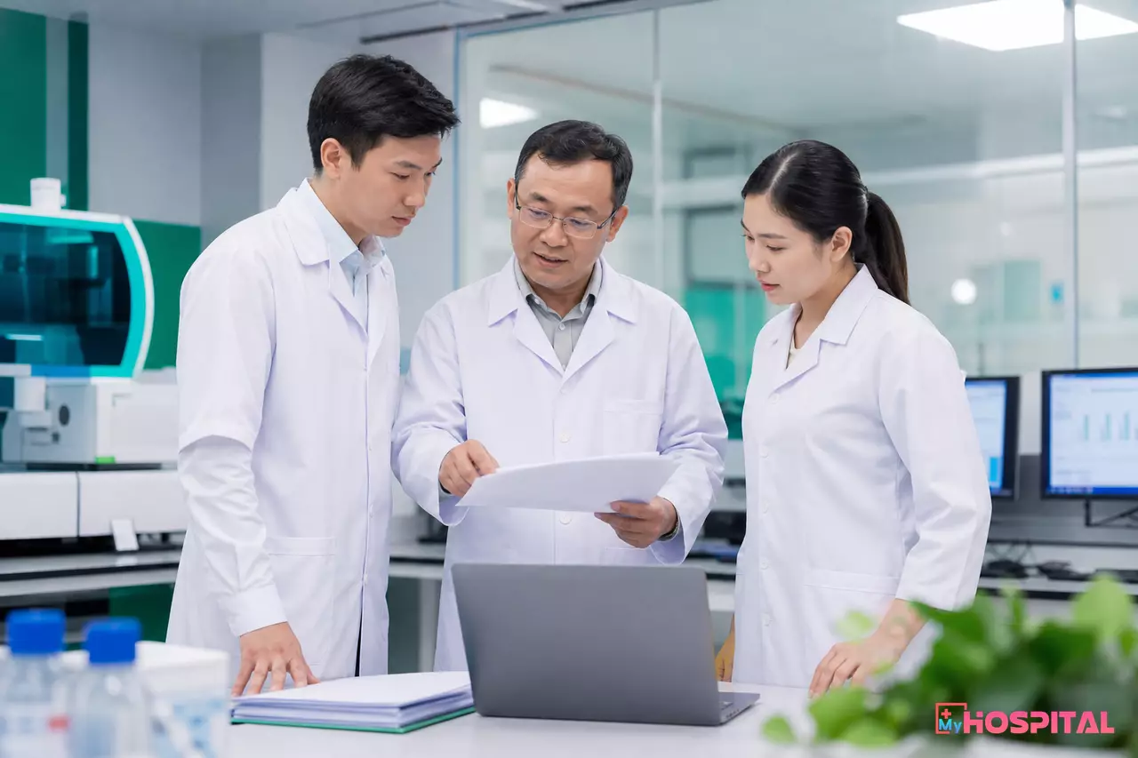 Trưởng khoa xét nghiệm trao đổi với kỹ thuật viên về số liệu thời gian trả kết quả