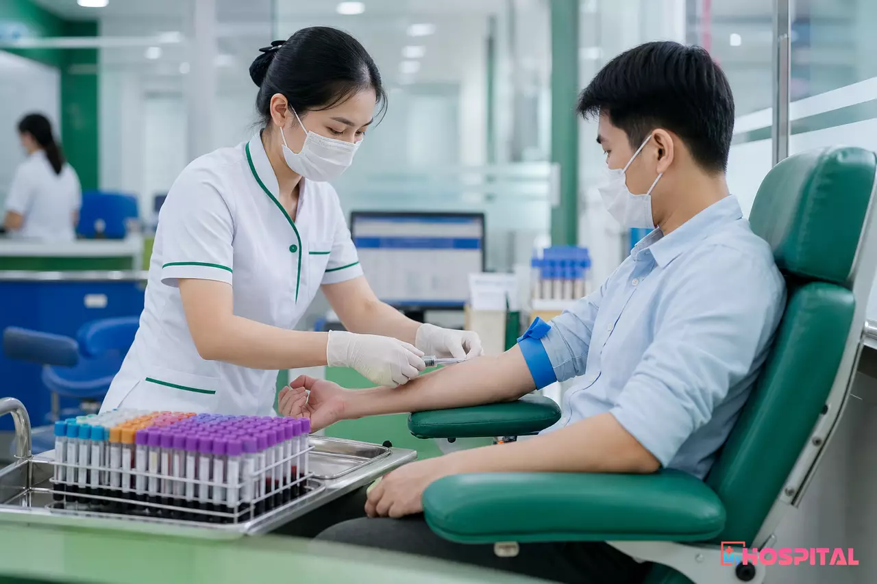 Điều dưỡng lấy máu cho người bệnh tại phòng lấy mẫu, ống nghiệm có nhãn mã vạch
