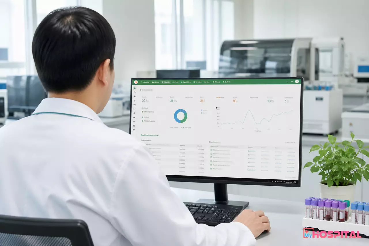Bác sĩ xét nghiệm ngồi trước máy tính xem hàng chờ duyệt kết quả