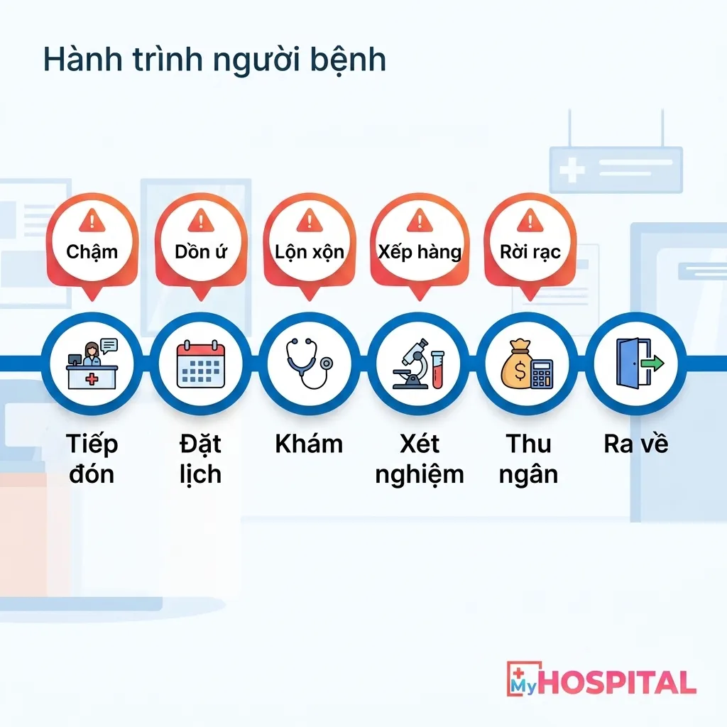 Sơ đồ hành trình người bệnh từ tiếp đón đến ra về với 5 điểm nút thắt gây chờ lâu khi khám bệnh