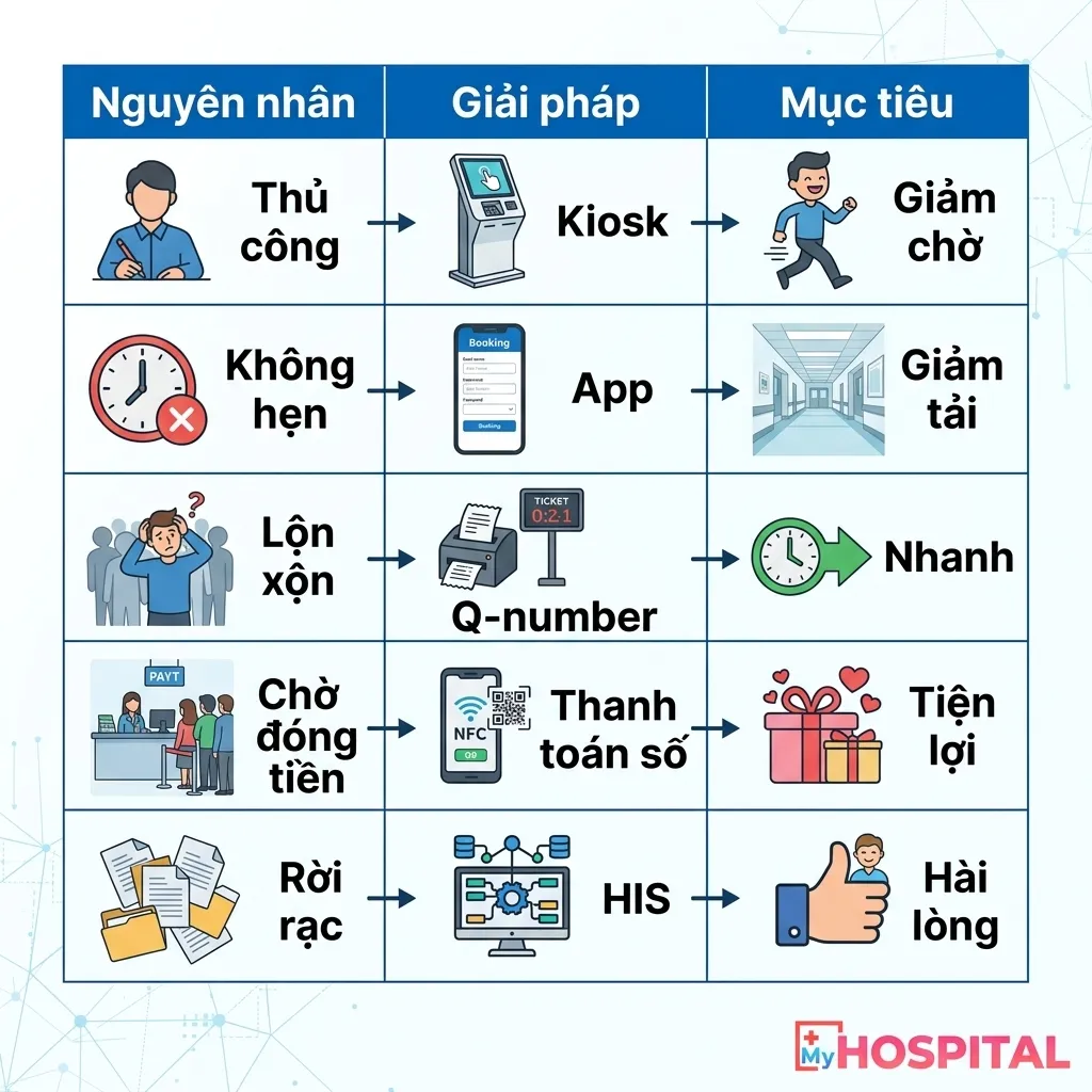 Ma trận 5 nguyên nhân chờ lâu khi khám, giải pháp số hóa tương ứng và KPI đo lường hiệu quả giảm thời gian chờ khám bệnh