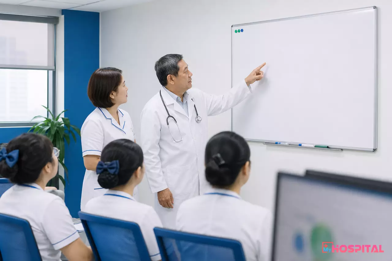 Bác sĩ và điều dưỡng trưởng trao đổi danh sách người bệnh dự kiến xuất viện trong buổi giao ban