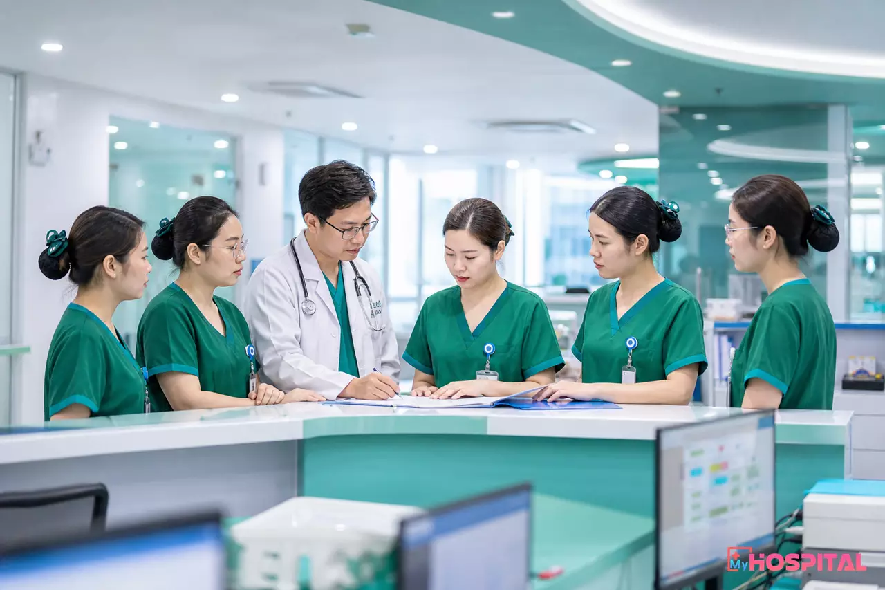 Điều dưỡng và bác sĩ giao ban đầu ca về các người bệnh nặng