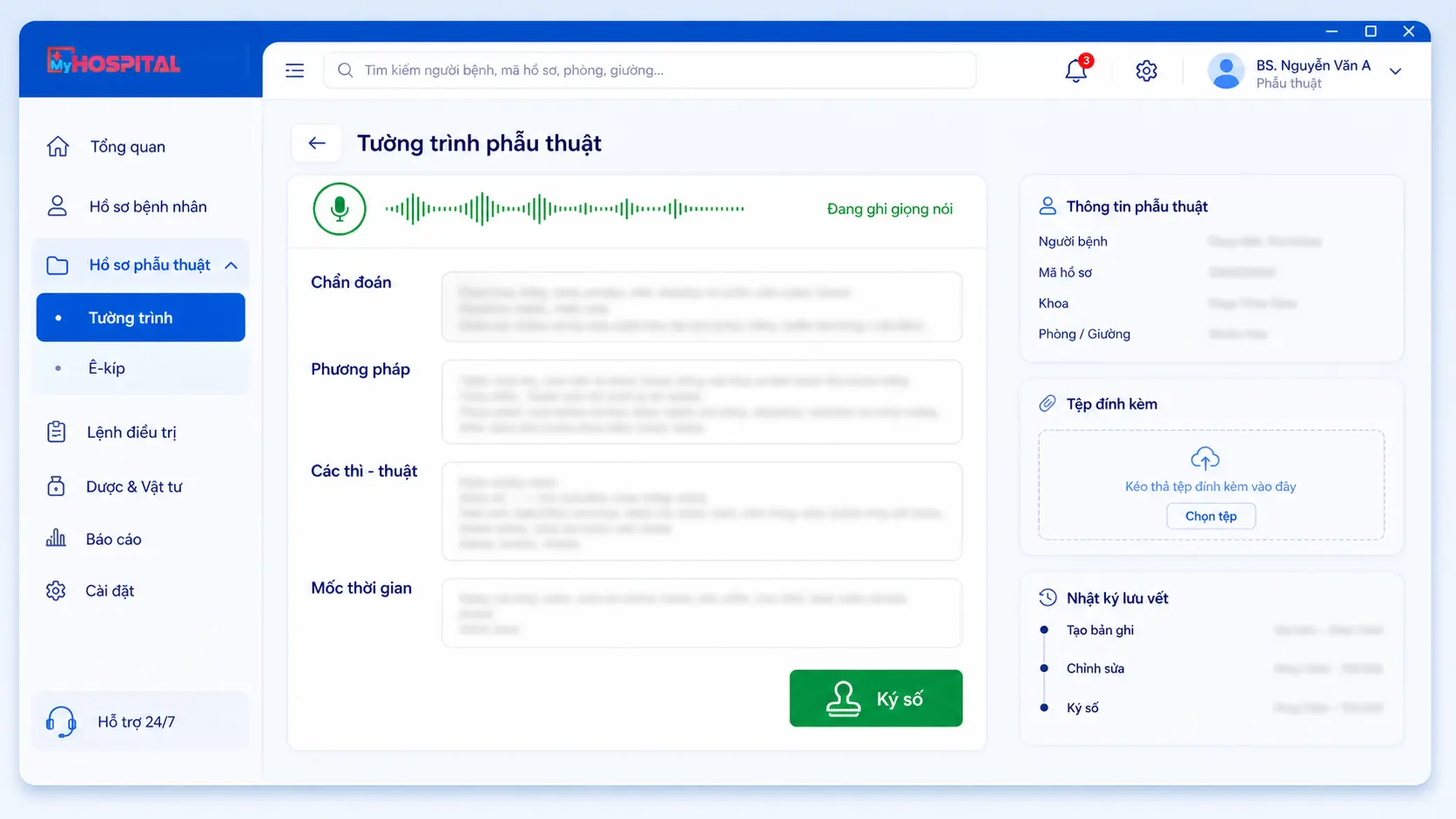 Giao diện MyHospital ghi tường trình phẫu thuật vào biểu mẫu EMR
