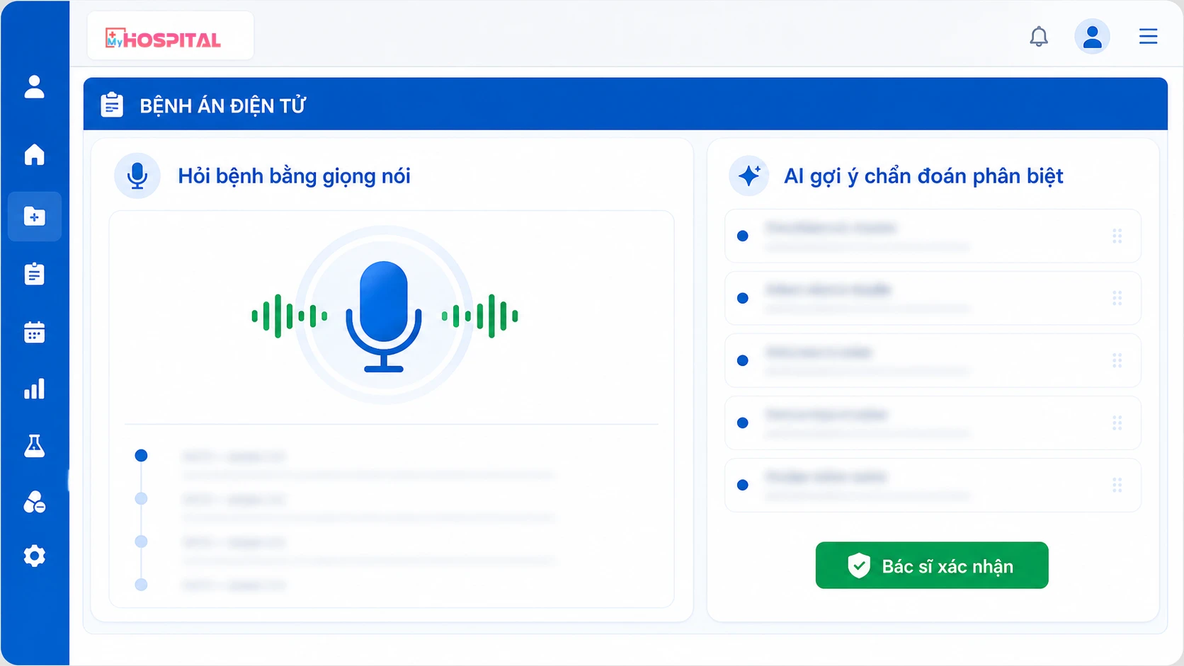 Giao diện MyHospital hỏi bệnh giọng nói và AI gợi ý phân biệt