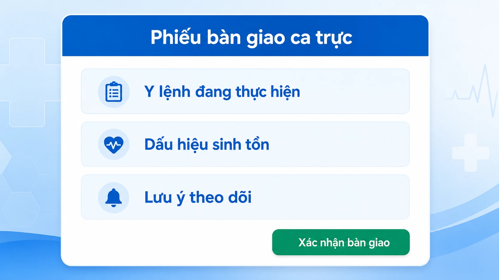 Giao diện phiếu bàn giao ca trực điện tử trên EMR