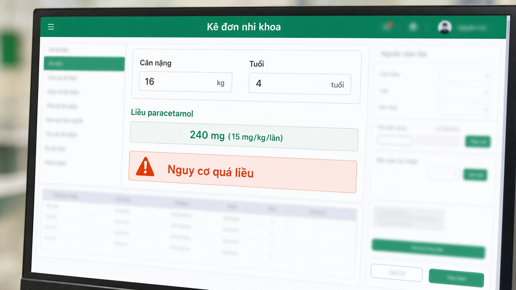 Giao diện tính liều thuốc nhi theo cân nặng kèm cảnh báo quá liều paracetamol