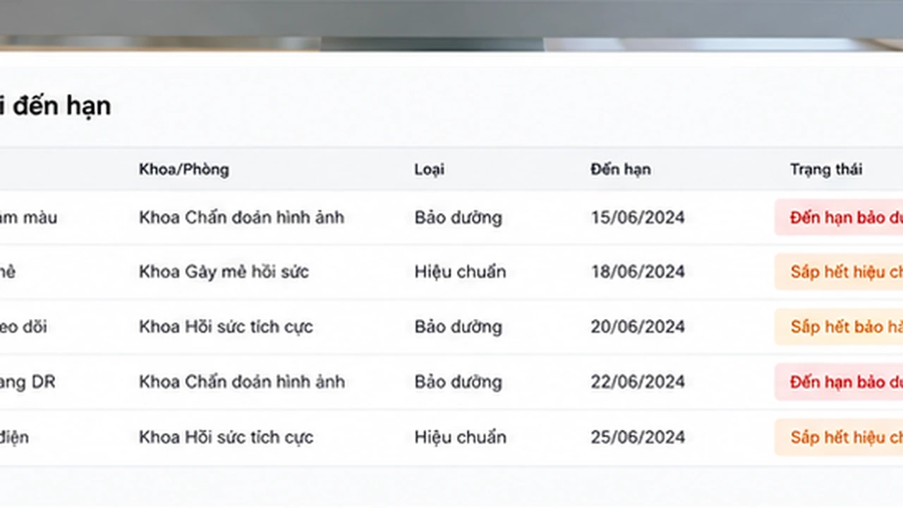 Hàng đợi thiết bị đến hạn bảo dưỡng và hiệu chuẩn trên phần mềm quản lý tài sản
