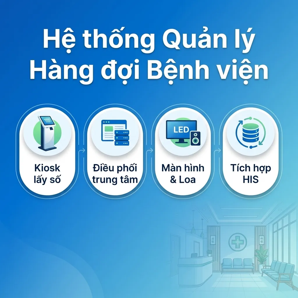 Sơ đồ tổng quan hệ thống quản lý hàng đợi bệnh viện gồm bốn thành phần: kiosk lấy số, phần mềm điều phối, màn hình loa và lớp tích hợp HIS