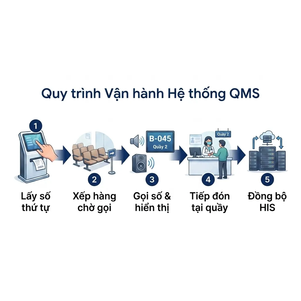 Quy trình vận hành hệ thống quản lý hàng đợi bệnh viện năm bước: lấy số, xếp hàng chờ, gọi số, tiếp đón tại quầy và đồng bộ HIS