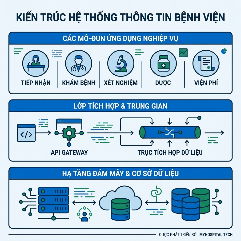 Sơ đồ kiến trúc 3 lớp của hệ thống thông tin bệnh viện HIS gồm lớp ứng dụng nghiệp vụ, lớp tích hợp trung gian và lớp hạ tầng dữ liệu