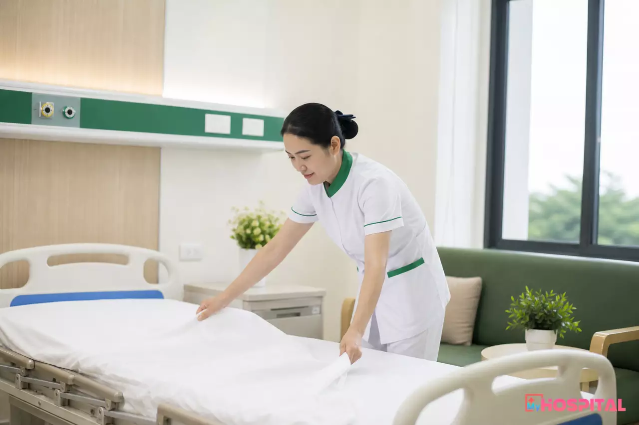 Hộ lý dọn dẹp và thay ga giường bệnh sau khi người bệnh xuất viện