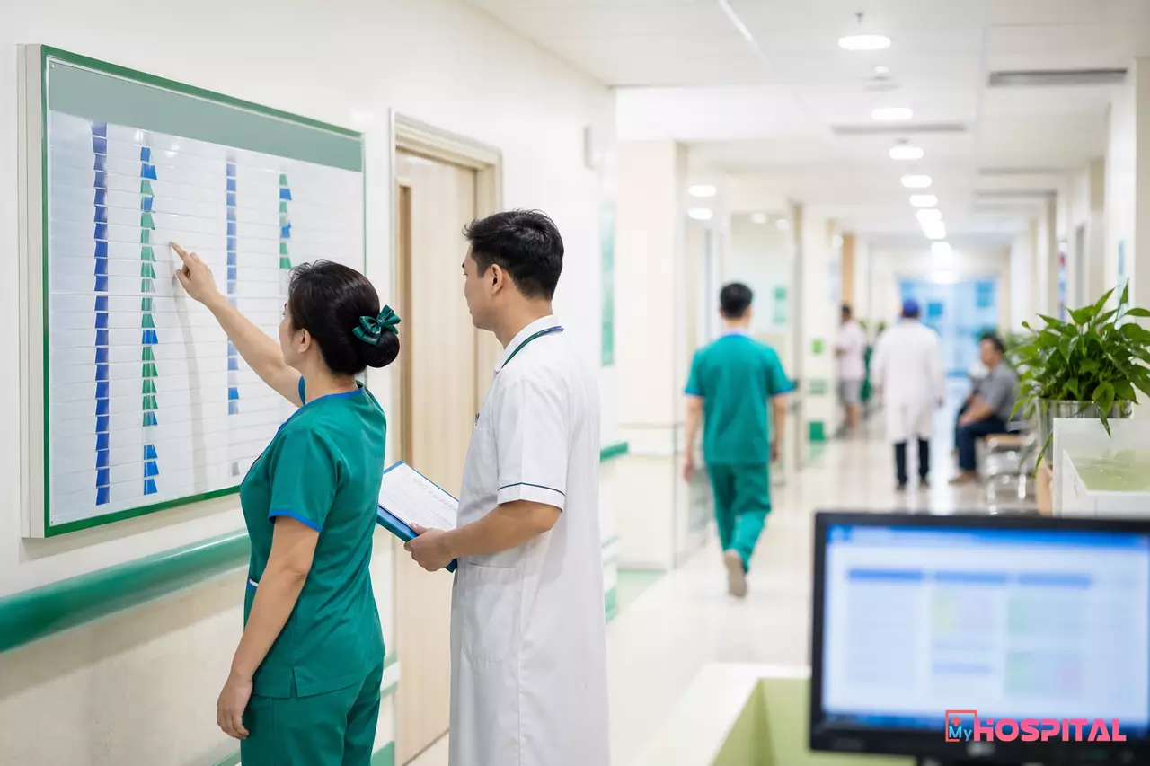 Điều dưỡng trưởng và bác sĩ trao đổi phân bổ giường bệnh tại hành lang khoa nội