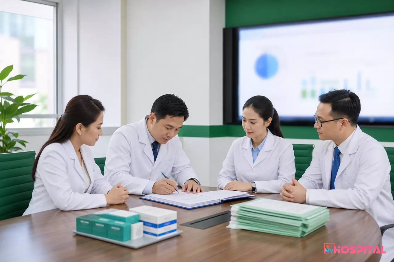 Hội đồng hủy thuốc họp đối chiếu danh mục và ký biên bản tại phòng họp bệnh viện