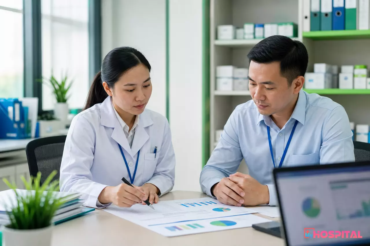 Dược sĩ trưởng khoa và cán bộ phòng vật tư trao đổi kế hoạch mua sắm thuốc bên bàn làm việc