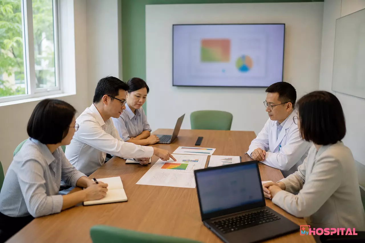 Nhóm nhân viên bệnh viện họp đánh giá rủi ro an toàn thông tin trong phòng họp