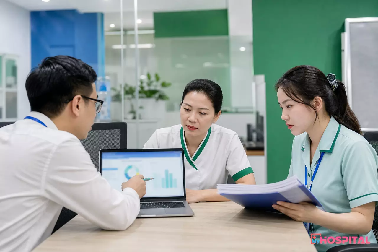 Buổi họp đối chiếu dữ liệu giữa các bộ phận khi chuyển đổi phần mềm HIS