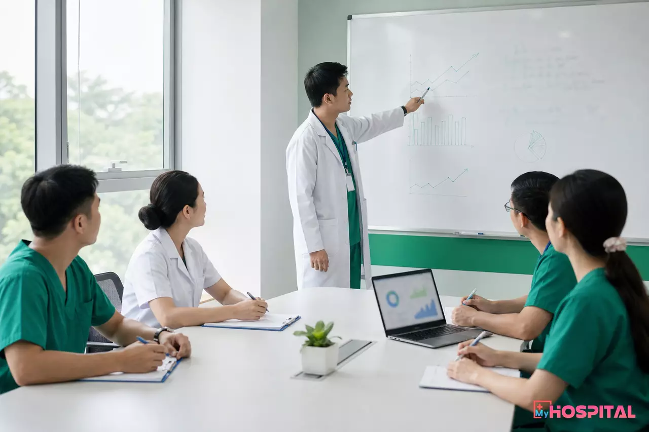 Nhóm quản lý họp giao ban thảo luận cải tiến dịch vụ trước bảng biểu