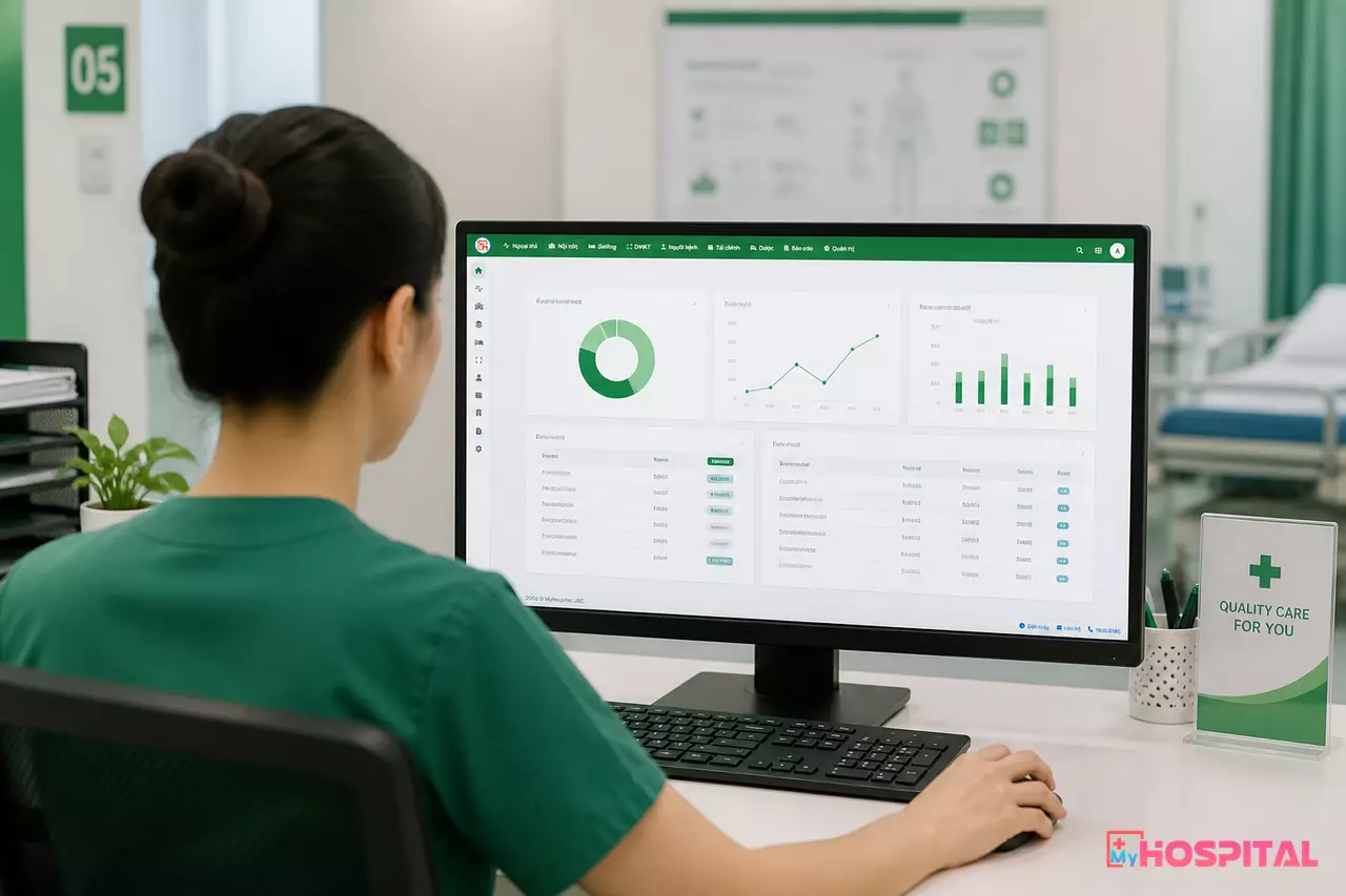 Giám đốc và các trưởng khoa ngồi họp giao ban xem số liệu trên phần mềm quản lý bệnh viện