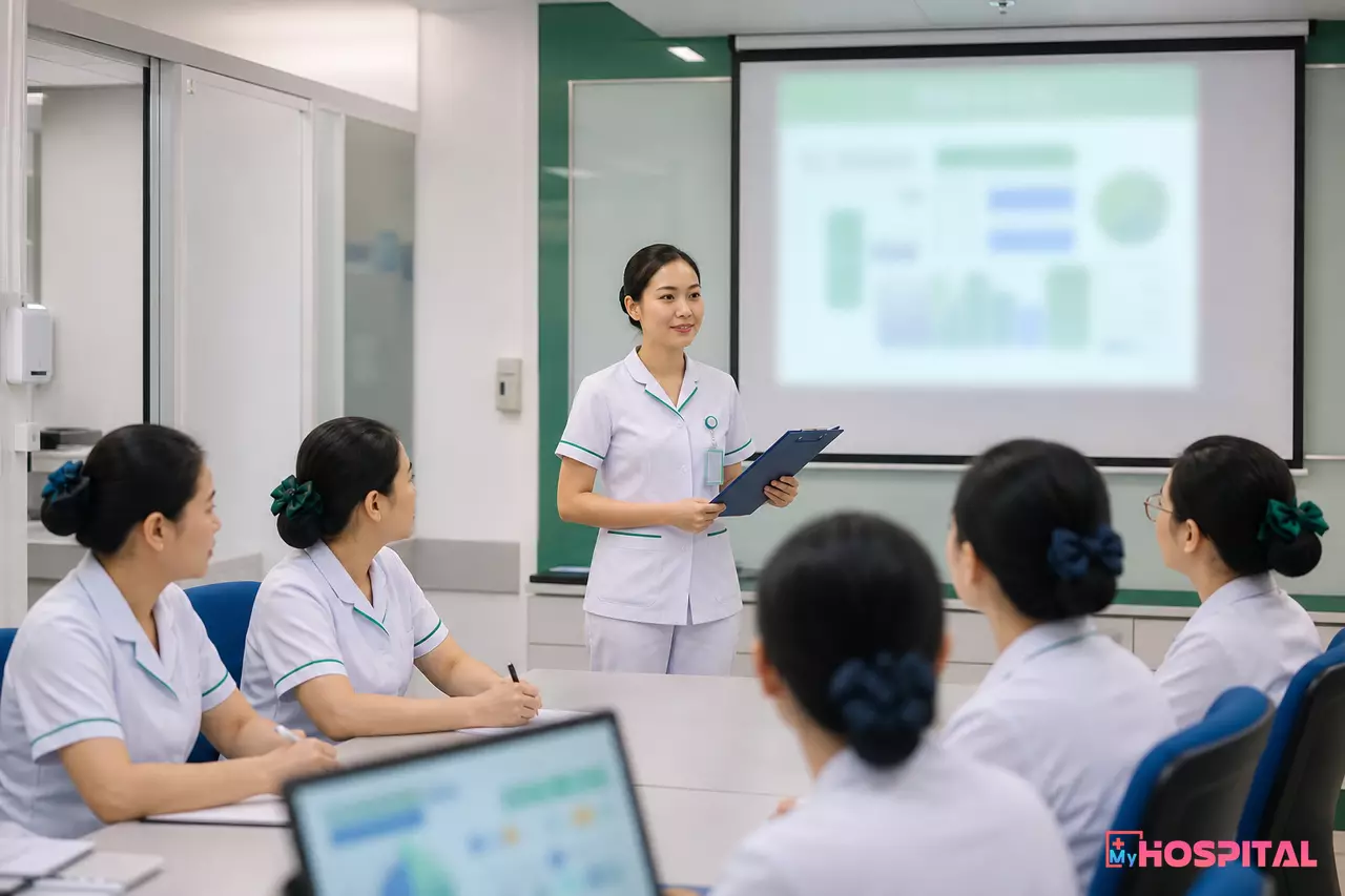 Điều dưỡng trưởng chủ trì giao ban đầu ca cho nhóm điều dưỡng khoa nội trú