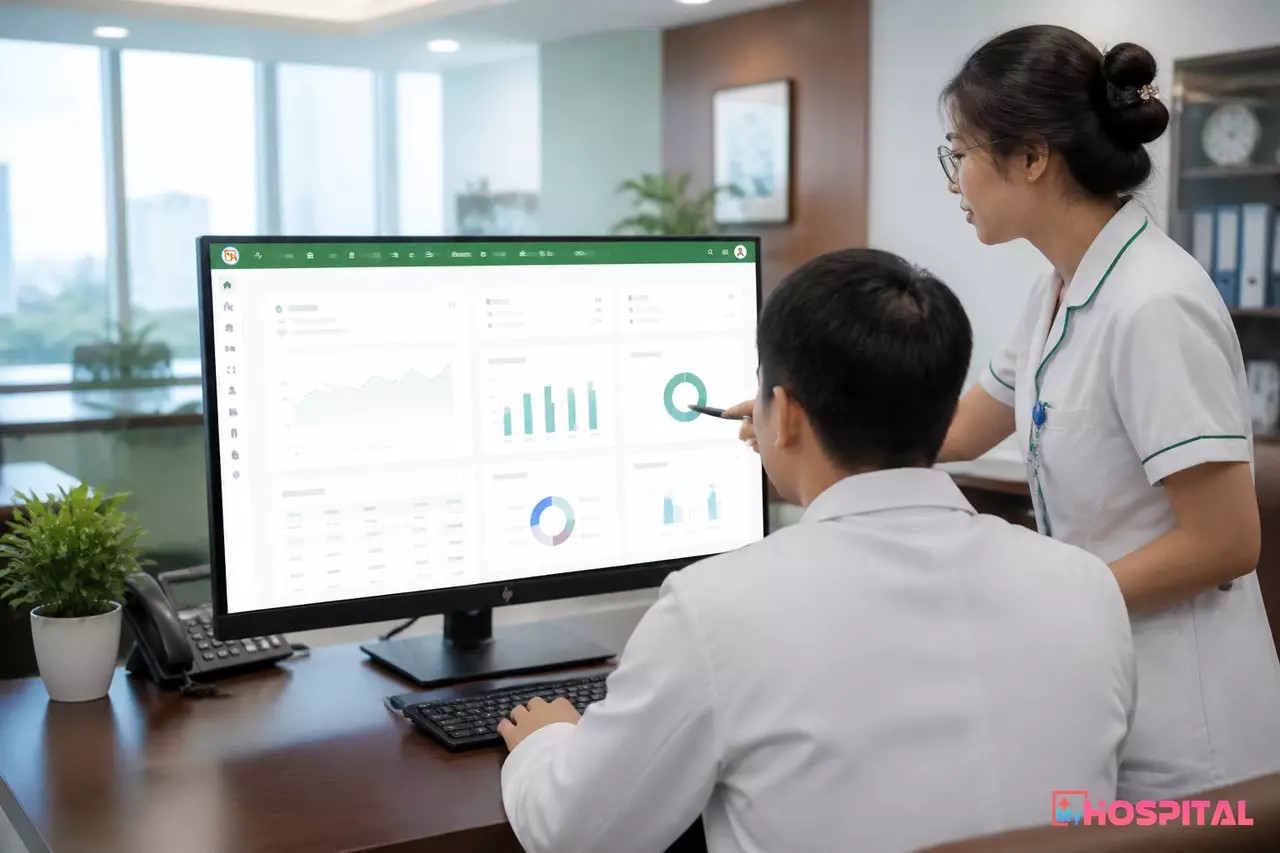 Giám đốc bệnh viện xem báo cáo tổng hợp trên màn hình lớn cùng cán bộ phòng Kế hoạch tổng hợp