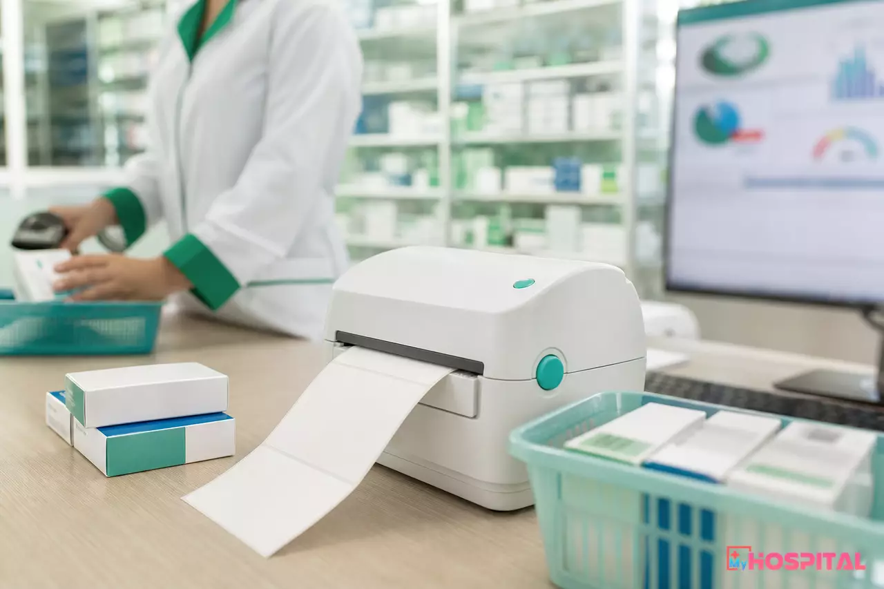 Máy in tem mã vạch nội bộ đặt trên bàn làm việc kho dược, bên cạnh vài hộp thuốc chờ dán tem