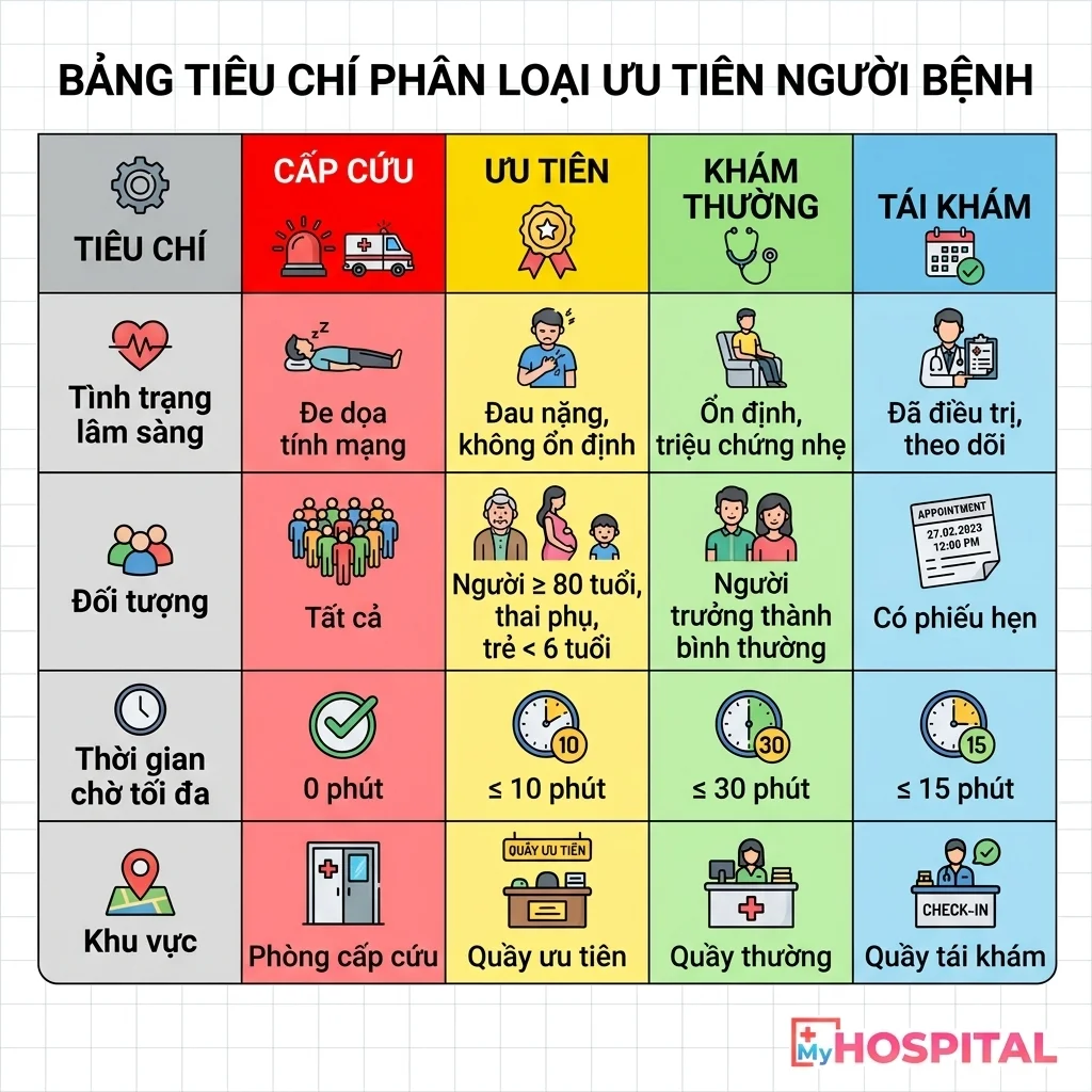 Infographic bảng tiêu chí phân loại ưu tiên 4 dòng người bệnh: cấp cứu, ưu tiên, khám thường, tái khám