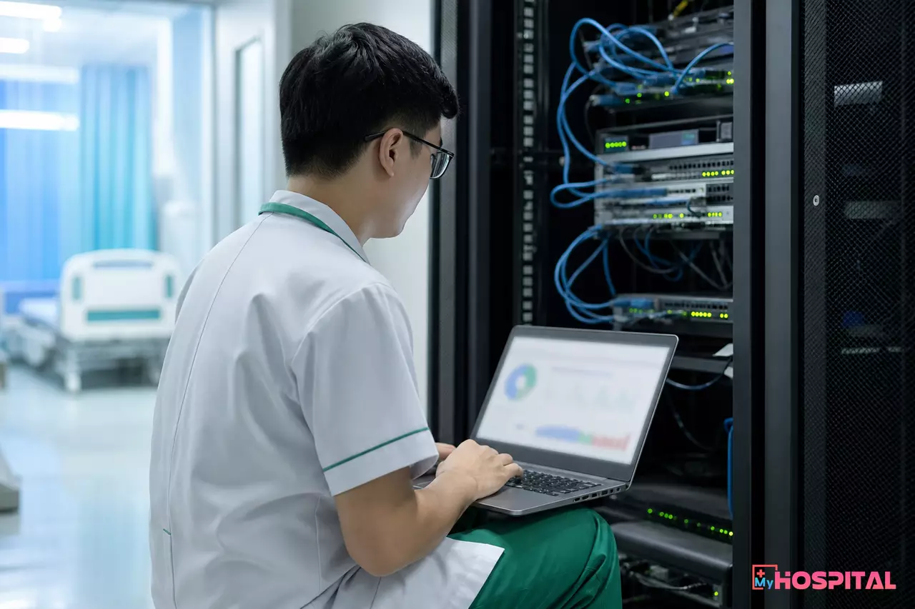 Cán bộ IT kiểm tra kết nối mạng giữa máy chụp và máy chủ trong phòng máy