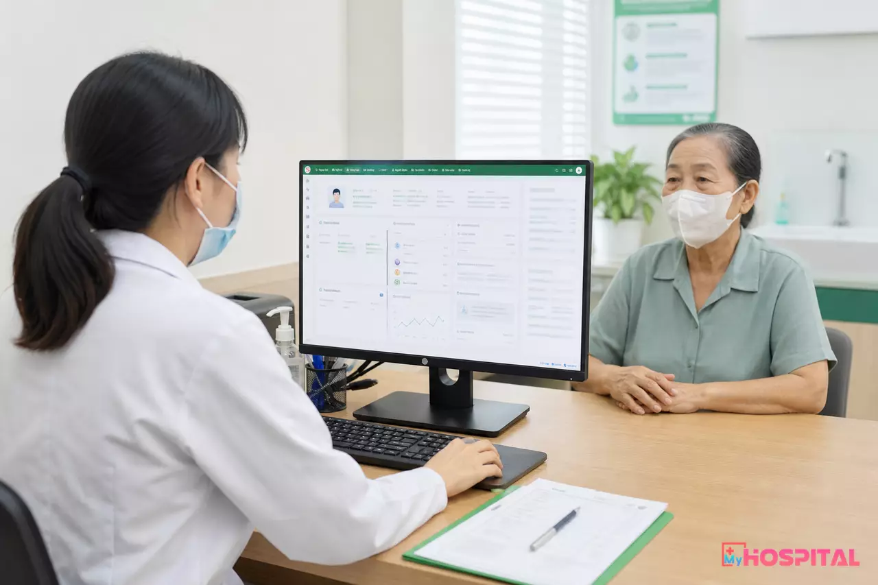 Bác sĩ kê đơn thuốc điện tử trên máy tính trong phòng khám ngoại trú