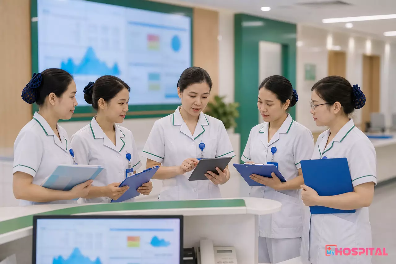 Điều dưỡng trưởng và điều dưỡng cập nhật kế hoạch chăm sóc trong buổi giao ban đầu ca