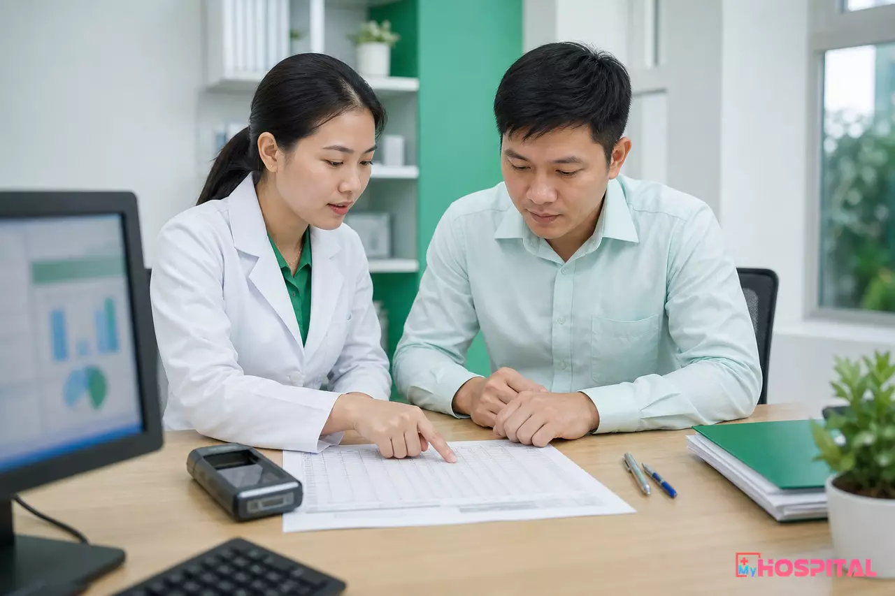 Dược sĩ và nhân viên thu ngân đối chiếu bảng giá thuốc trên giấy tại phòng làm việc bệnh viện