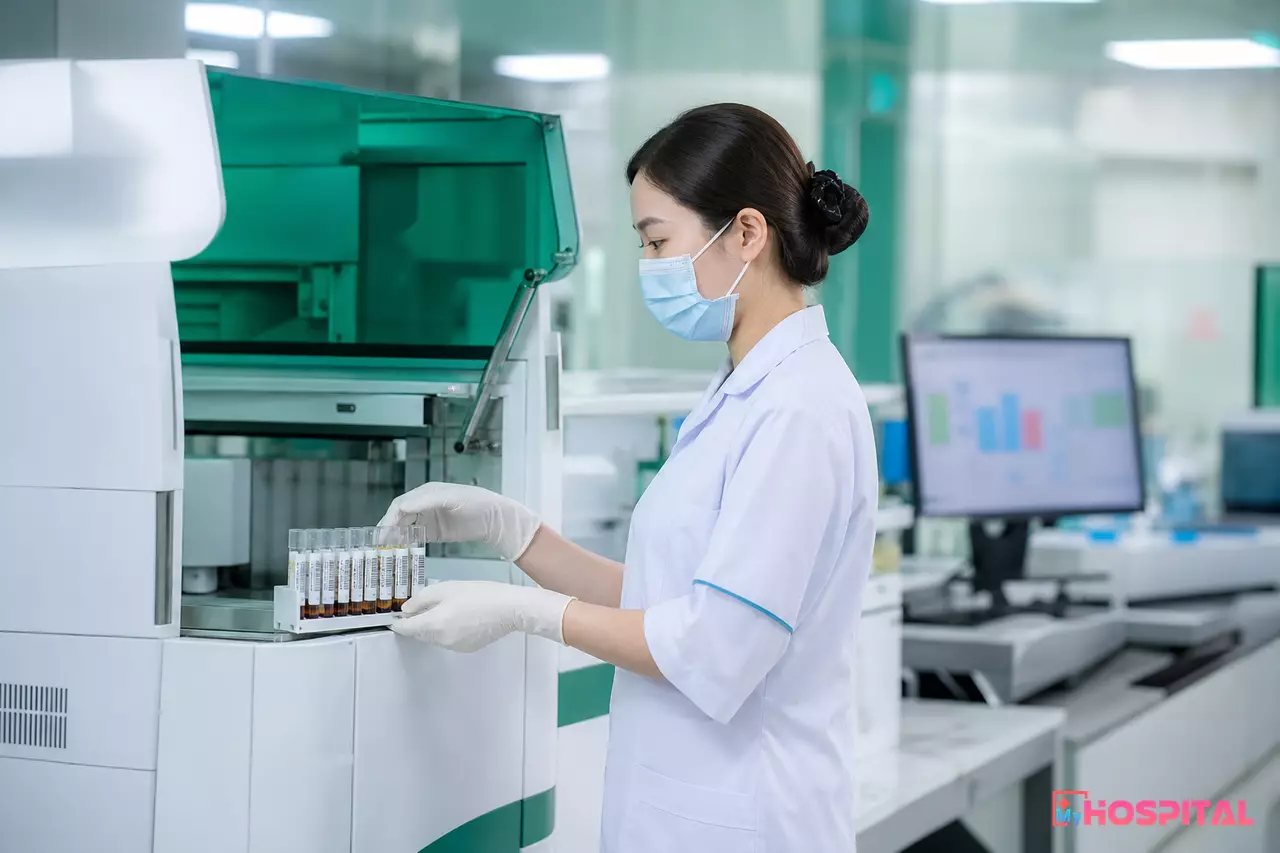 Kỹ thuật viên xét nghiệm đứng cạnh máy phân tích sinh hóa tự động trong phòng xét nghiệm bệnh viện