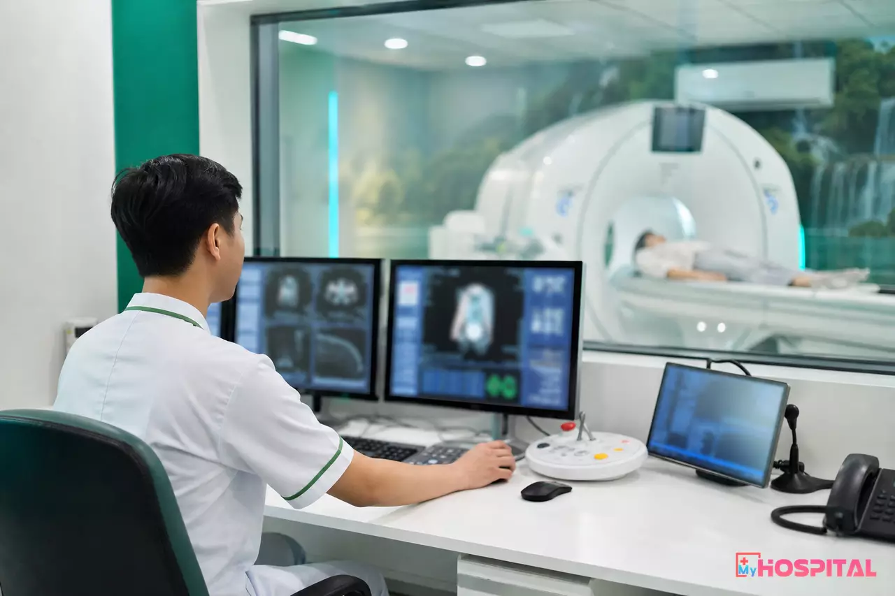 Kỹ thuật viên chẩn đoán hình ảnh tại phòng điều khiển máy CT, chuẩn bị gửi ảnh về PACS