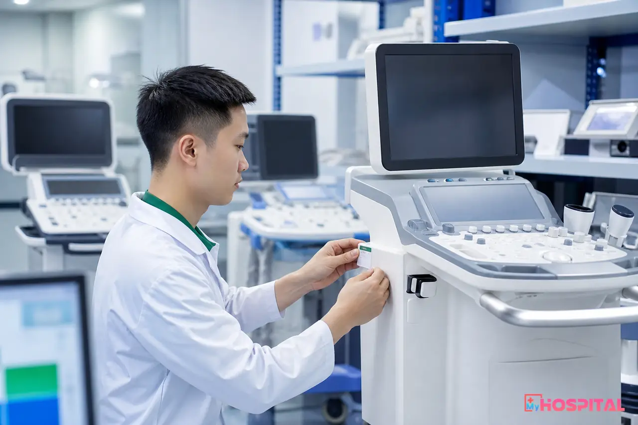 Nhân viên phòng vật tư dán tem định danh cho thiết bị y tế trong kho bệnh viện