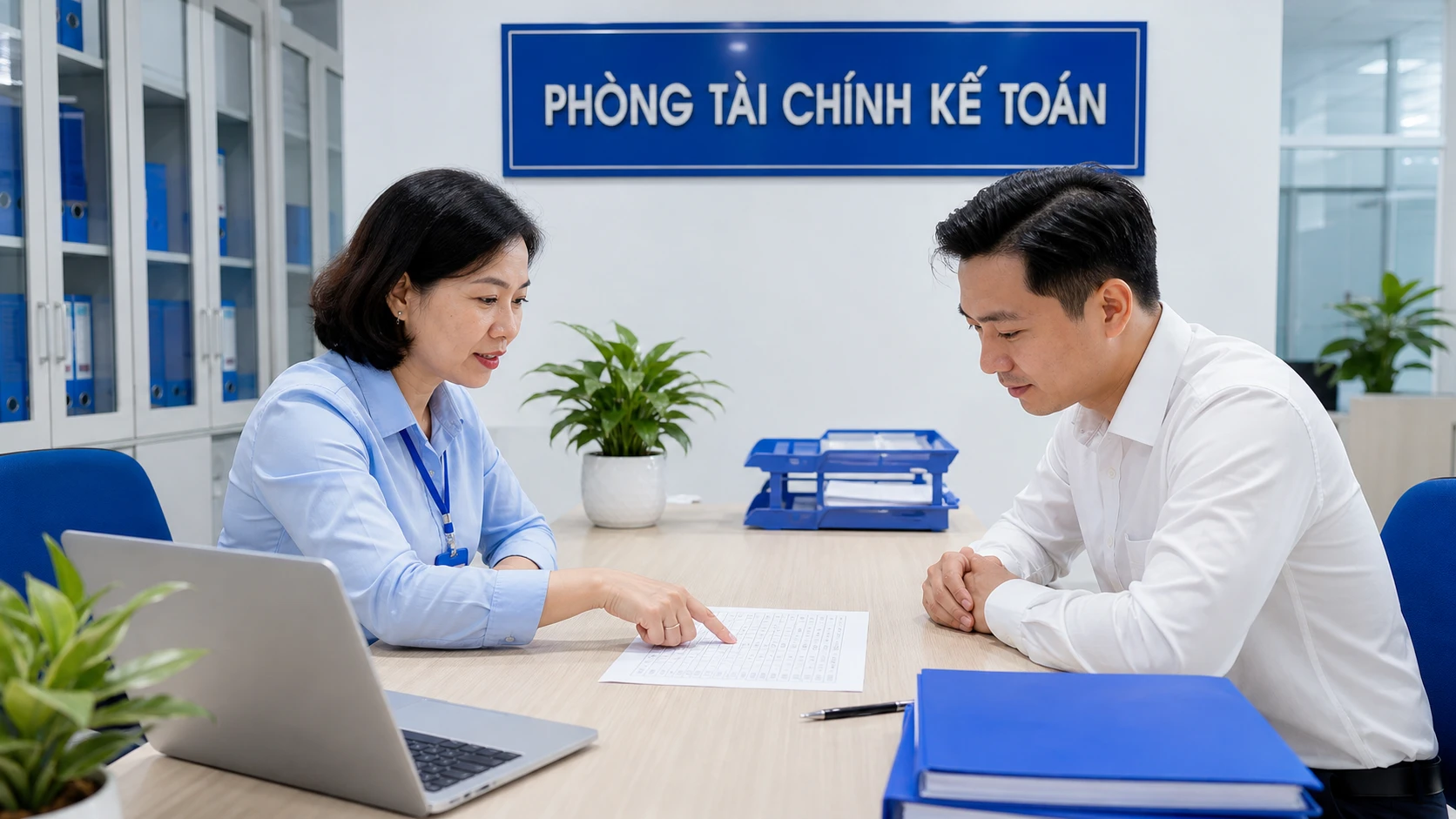 Kế toán trưởng và trưởng phòng vật tư đối chiếu tỷ lệ phân bổ tài sản dùng chung