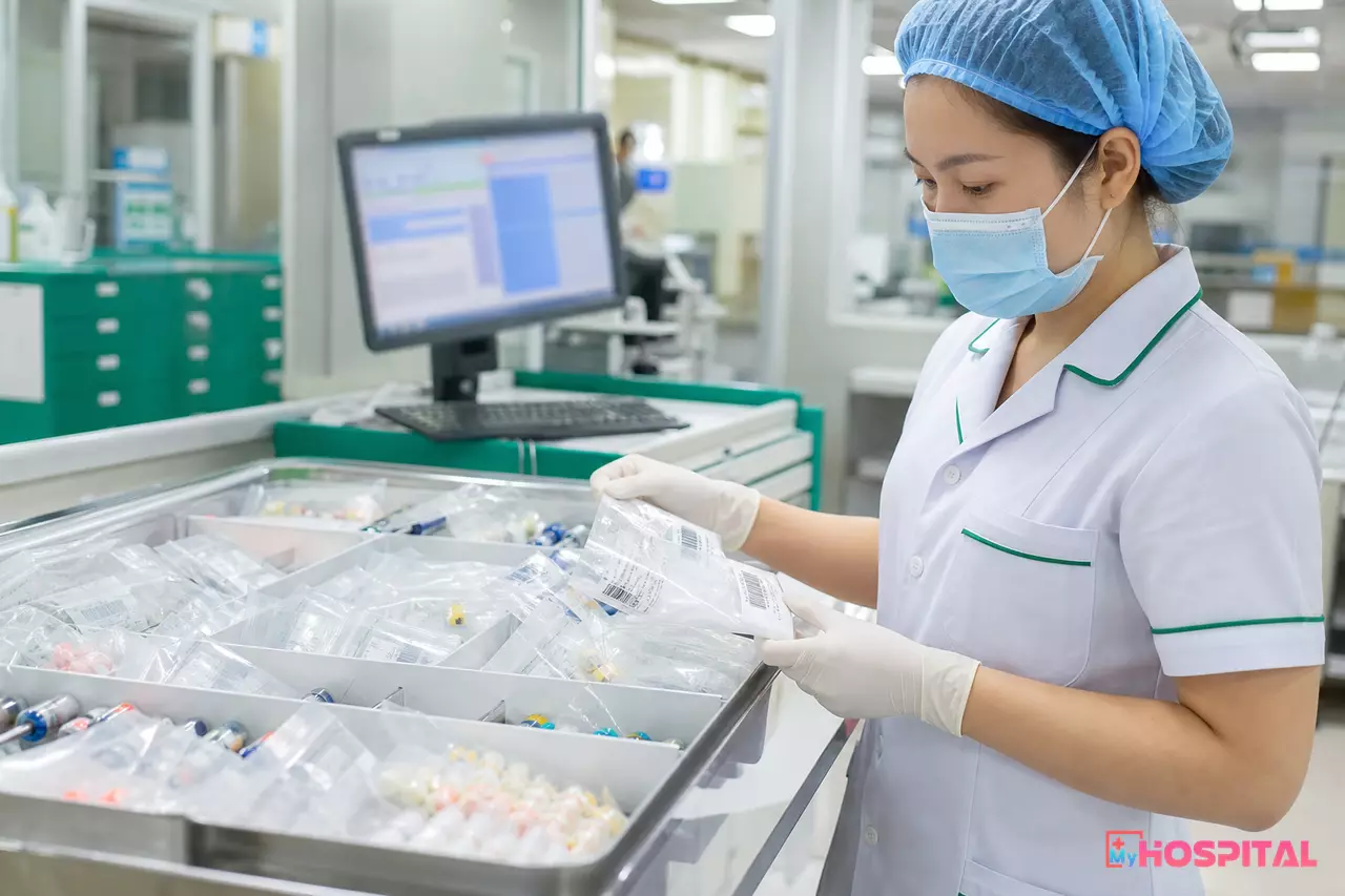 Khay thuốc chia sẵn theo từng người bệnh, mỗi túi dán nhãn mã vạch trên xe thuốc khoa nội trú