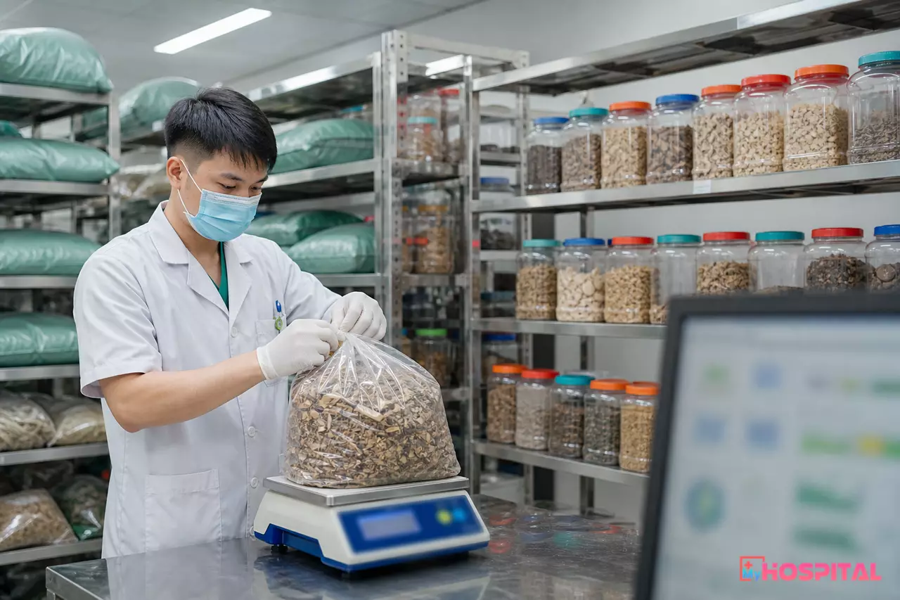 Nhân viên kiểm đếm và cân vị thuốc tại kho dược liệu Y học cổ truyền
