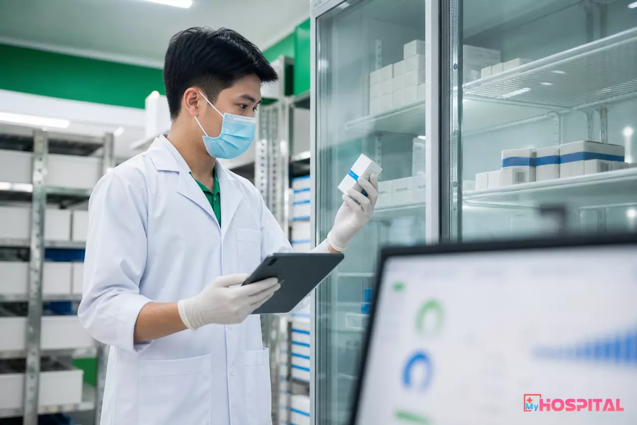 Nhân viên kho dược kiểm tra tủ bảo quản vắc xin và đối chiếu số lô trên phần mềm