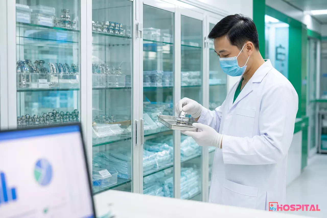 Bác sĩ chấn thương chỉnh hình kiểm tra tủ lưu trữ vật tư cấy ghép giá trị cao trong kho vô khuẩn