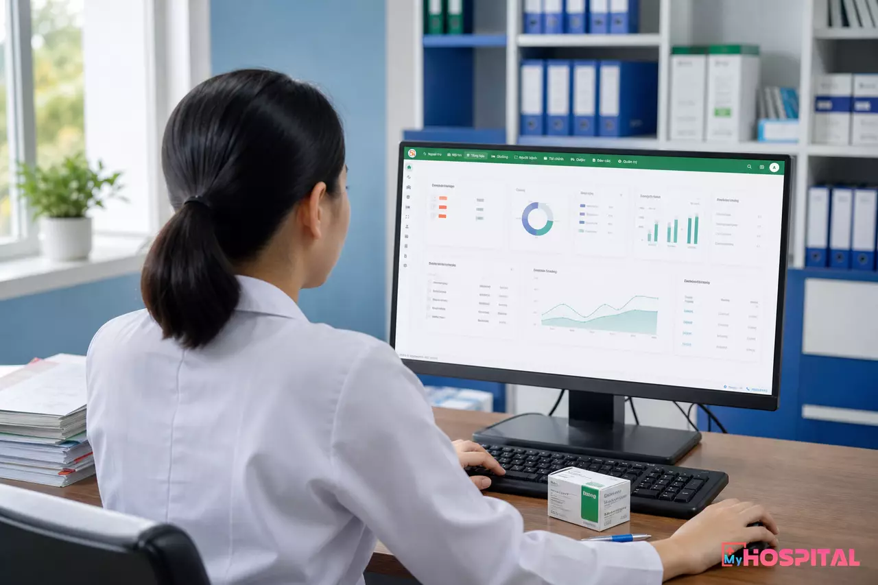 Dược sĩ thao tác khóa lô thuốc bị thu hồi trên phần mềm quản lý kho dược