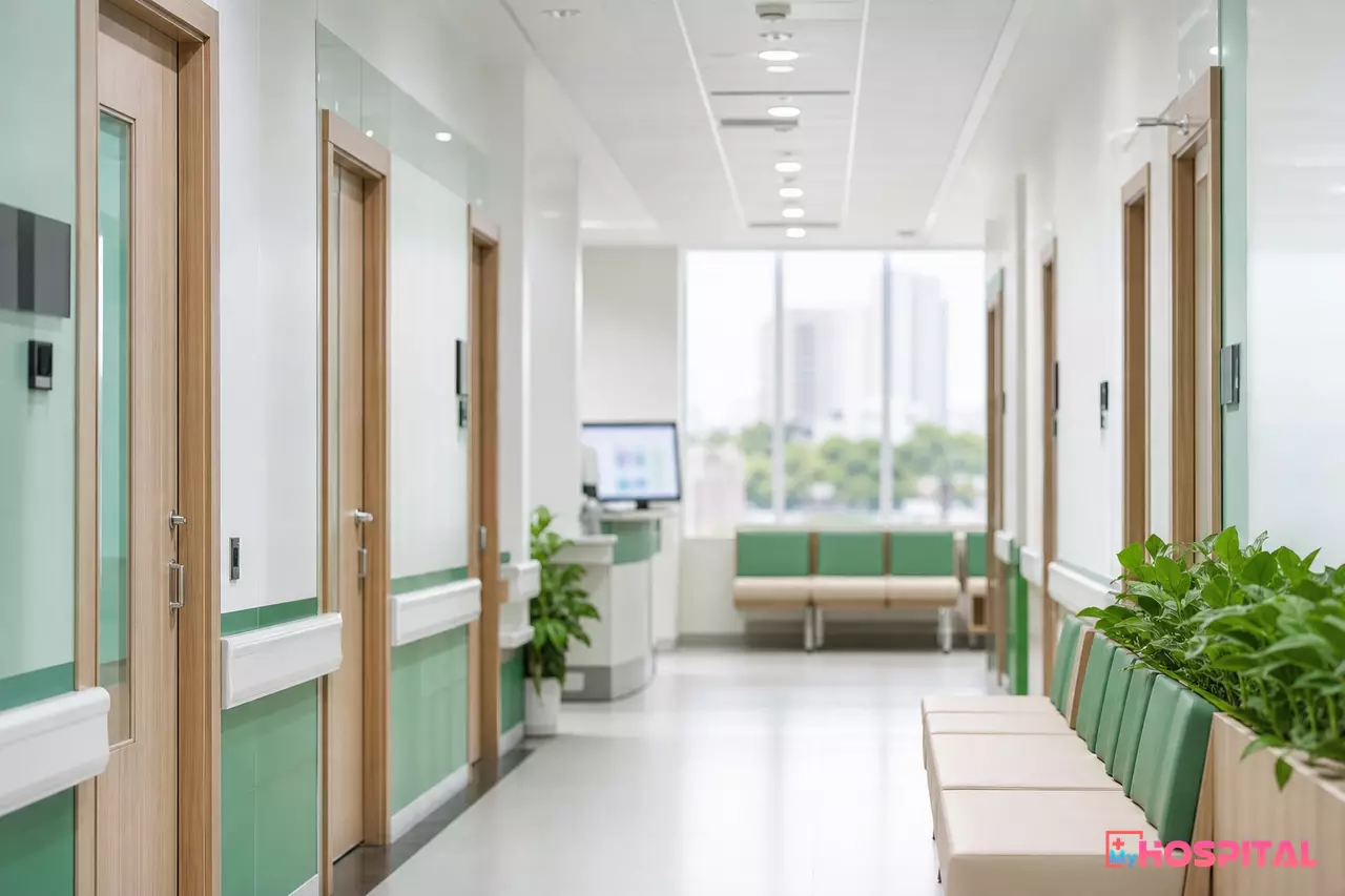 Không gian phòng khám tư nhân với khu vực chờ và phòng khám bệnh