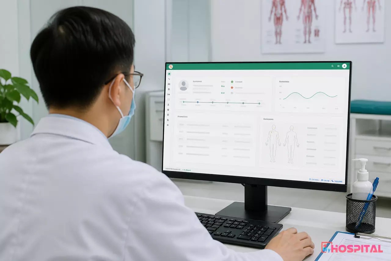 Bác sĩ xem ảnh chẩn đoán hình ảnh ngay trên máy tính tại phòng khám