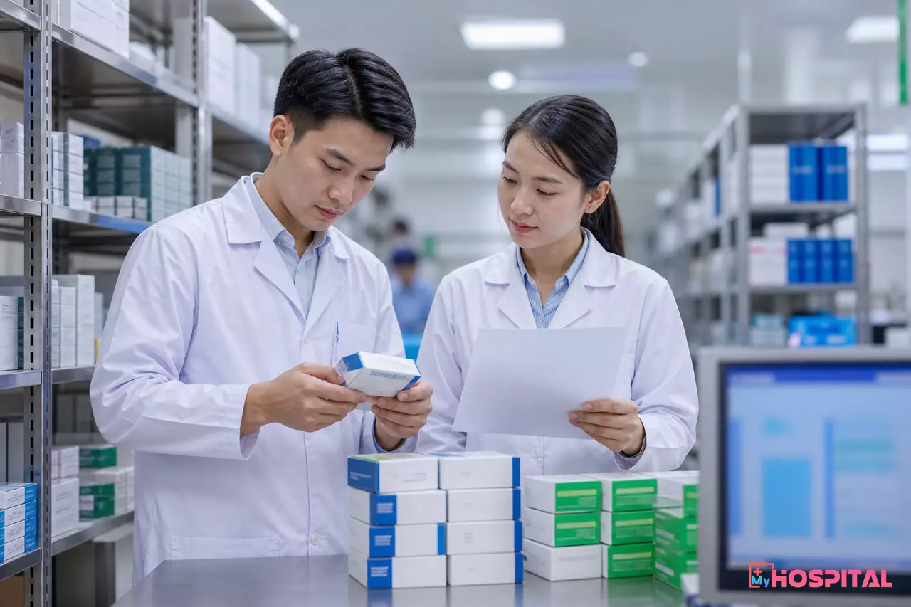 Hai dược sĩ kiểm đếm nhóm thuốc giá trị cao tách riêng trong kho dược