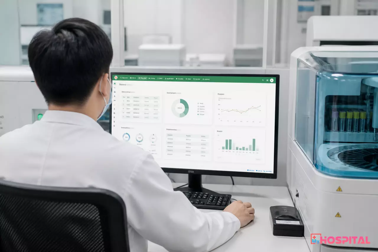 Kỹ sư kiểm thử kết nối giữa máy phân tích và phần mềm LIS