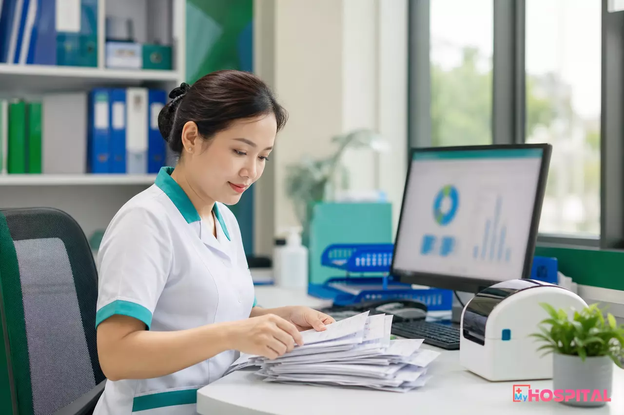 Nhân viên phòng tài chính kế toán kiểm tra chồng biên lai giấy thu viện phí