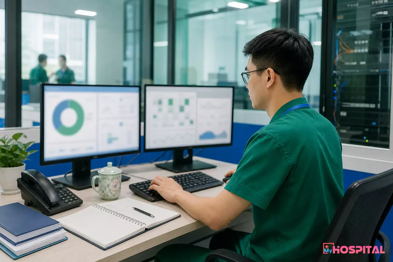 Nhân viên IT bệnh viện đối chiếu dữ liệu khi chuyển đổi phần mềm HIS