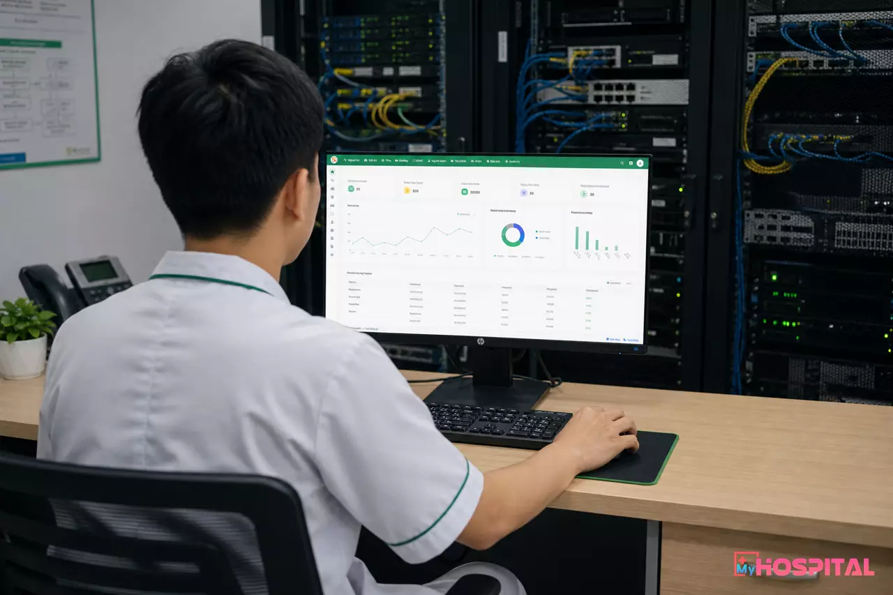 Kỹ sư công nghệ thông tin bệnh viện kiểm tra kết nối liên thông dữ liệu trên hệ thống phần mềm