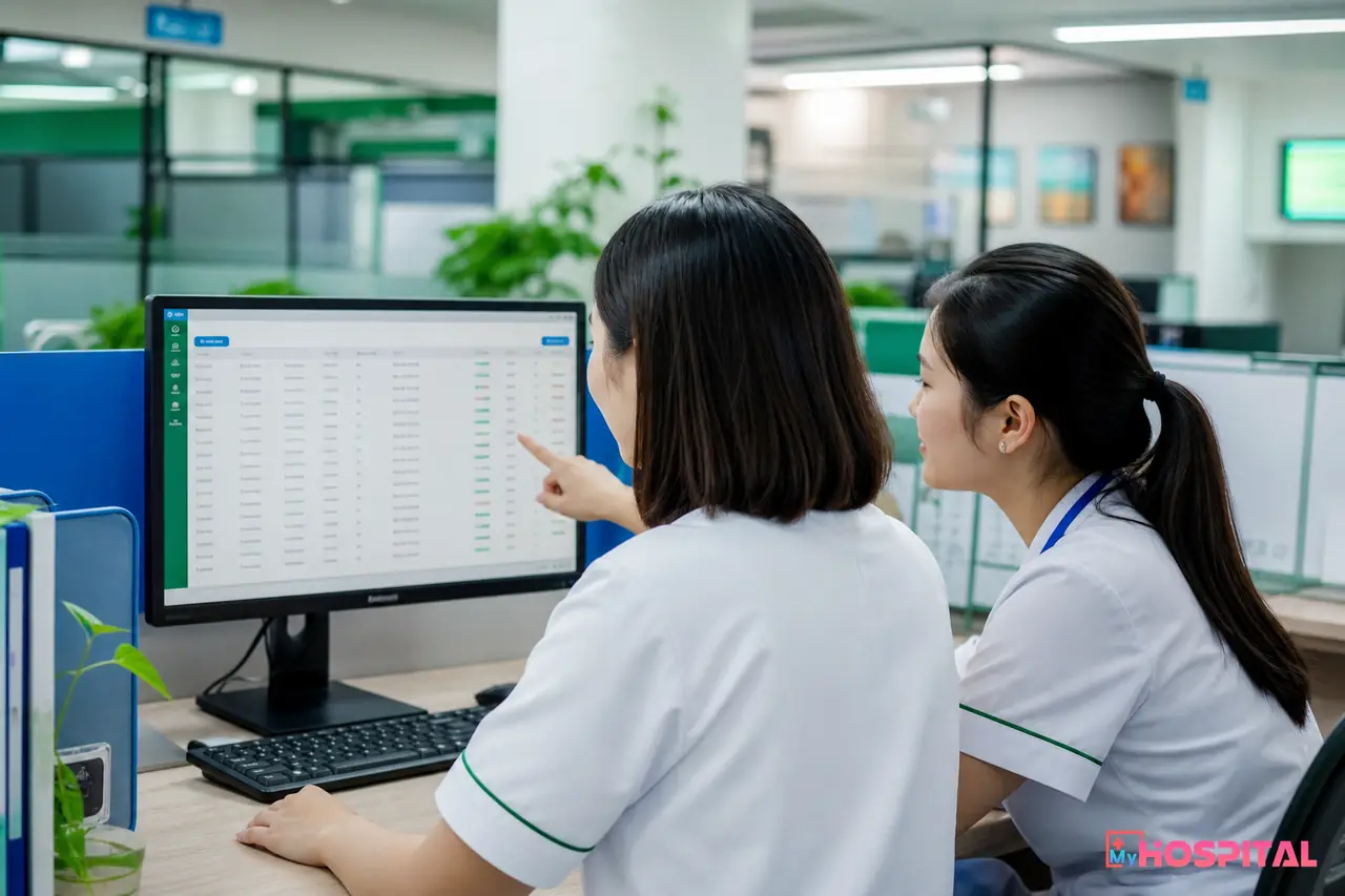 Nhân viên kế toán viện phí kiểm tra bảng trạng thái hồ sơ bị Cổng giám định từ chối vì lỗi mã cơ sở KCB