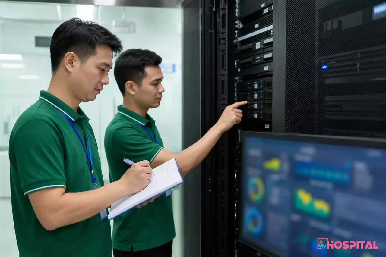 Nhân viên CNTT kiểm tra thiết bị lưu trữ sao lưu dữ liệu