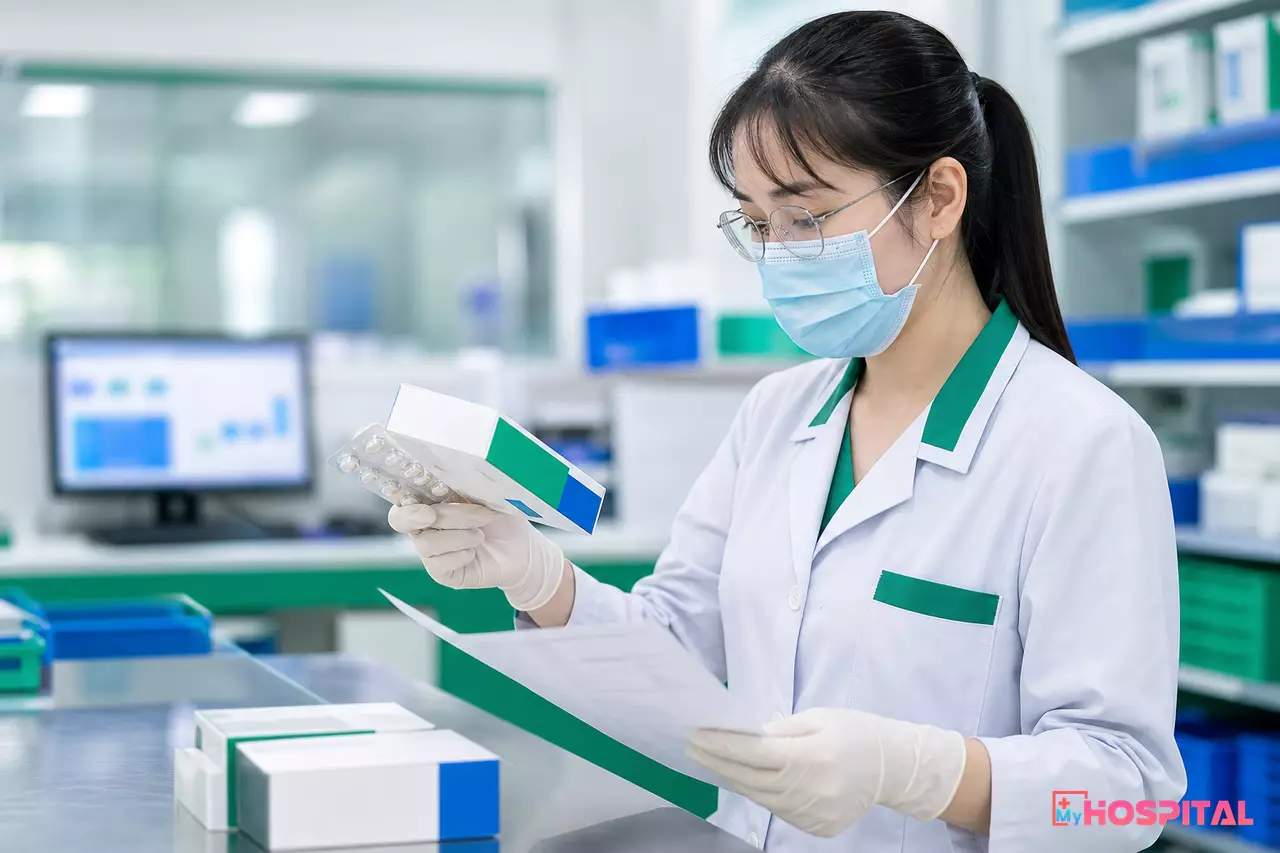 Dược sĩ kiểm tra bao bì và hạn dùng của thuốc hoàn trả tại quầy nhận kho dược